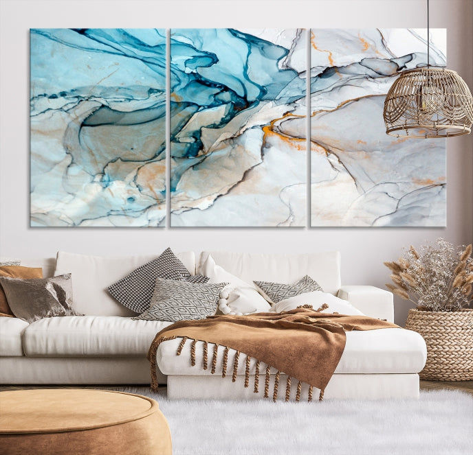 Teal Blue and Gray Abstract Artwork Large Wall Art Modern Canvas Print