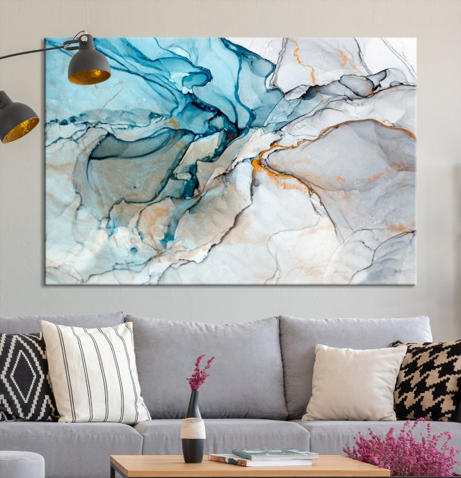 Teal Blue and Gray Abstract Artwork Large Wall Art Modern Canvas Print