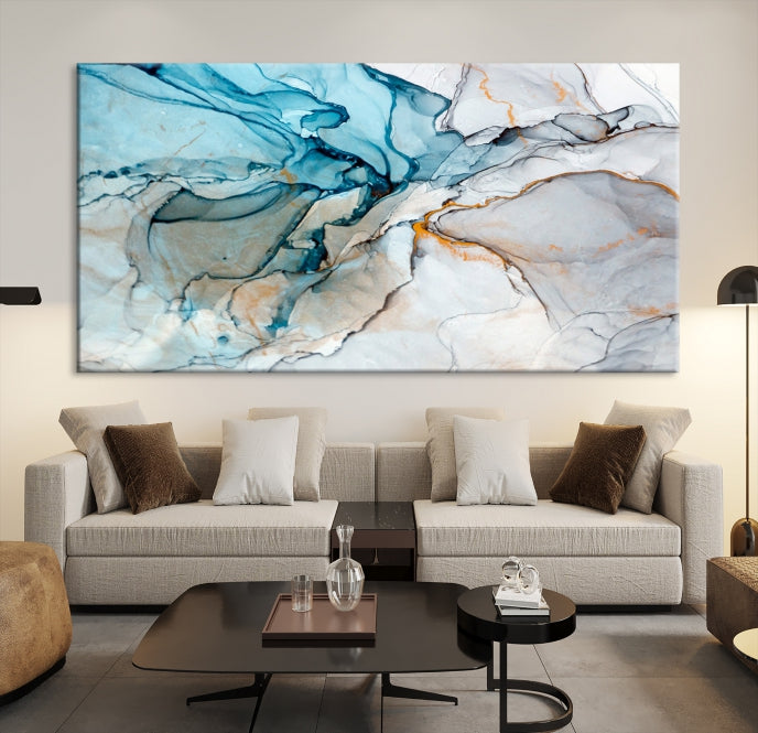 Teal Blue and Gray Abstract Artwork Large Wall Art Modern Canvas Print