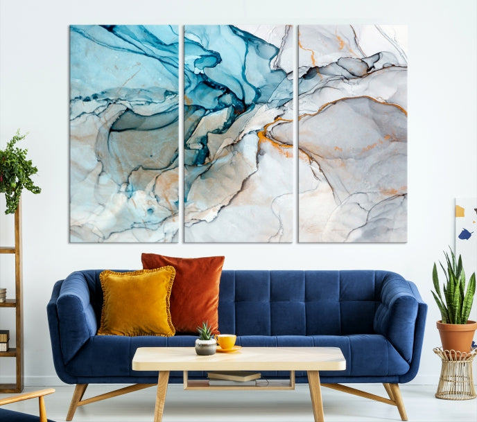 Teal Blue and Gray Abstract Artwork Large Wall Art Modern Canvas Print