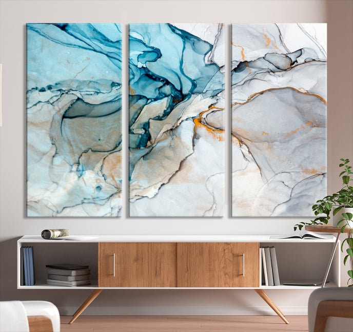 Teal Blue and Gray Abstract Artwork Large Wall Art Modern Canvas Print