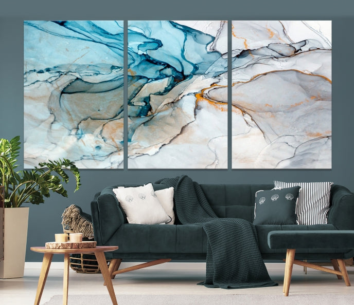 Teal Blue and Gray Abstract Artwork Large Wall Art Modern Canvas Print