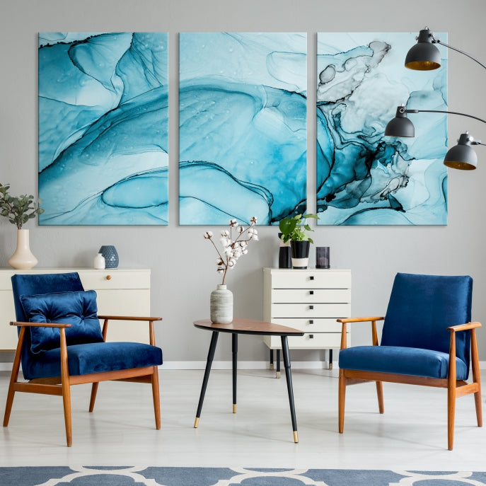 Teal Blue Ice Cracking Marble Large Wall Art Modern Abstract Canvas Print