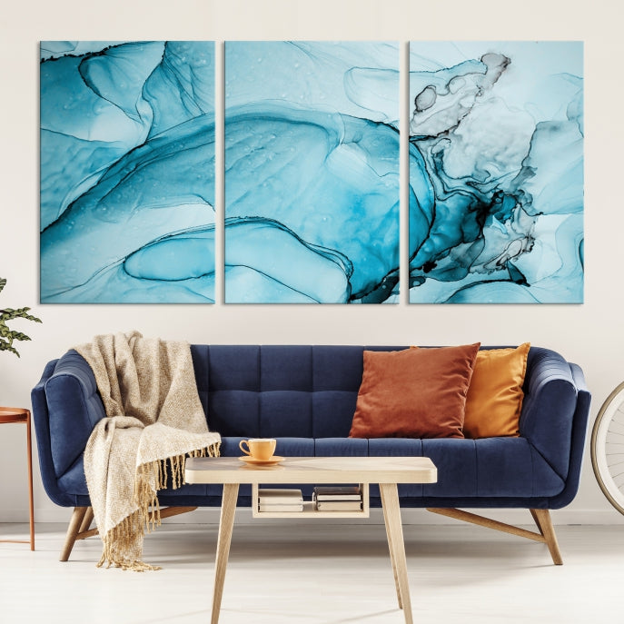 Teal Blue Ice Cracking Marble Large Wall Art Modern Abstract Canvas Print