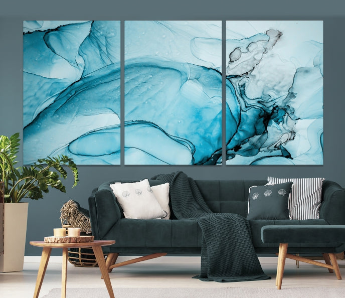 Teal Blue Ice Cracking Marble Large Wall Art Modern Abstract Canvas Print