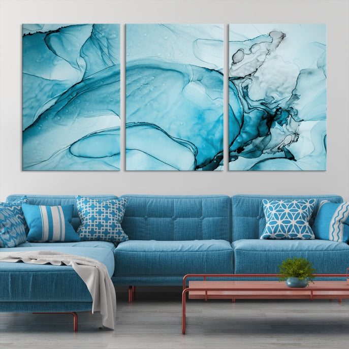 Teal Blue Ice Cracking Marble Large Wall Art Modern Abstract Canvas Print