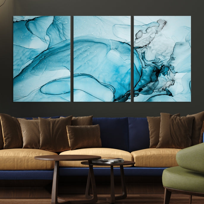 Teal Blue Ice Cracking Marble Large Wall Art Modern Abstract Canvas Print