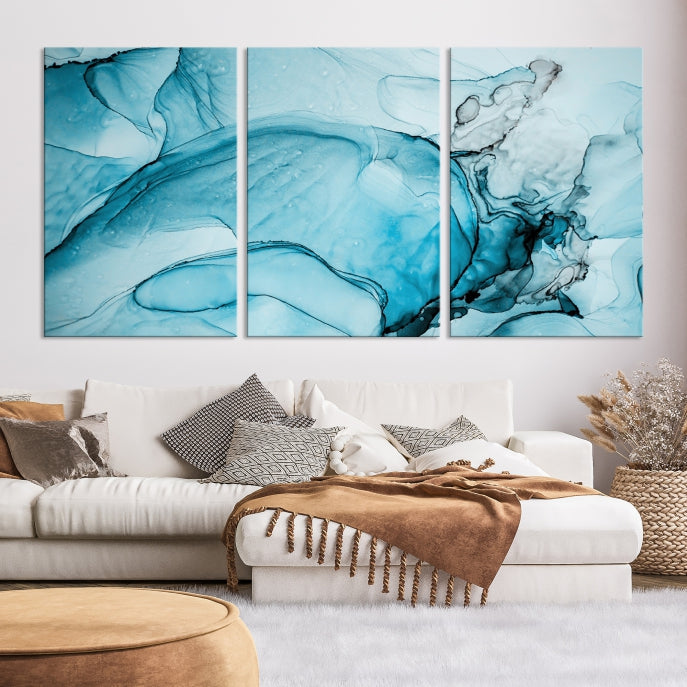 Teal Blue Ice Cracking Marble Large Wall Art Modern Abstract Canvas Print