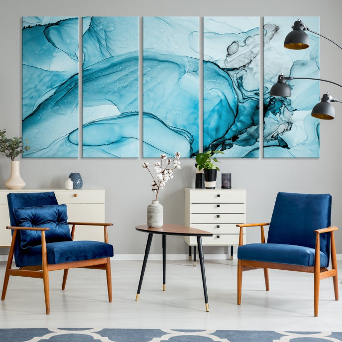 Teal Blue Ice Cracking Marble Large Wall Art Modern Abstract Canvas Print