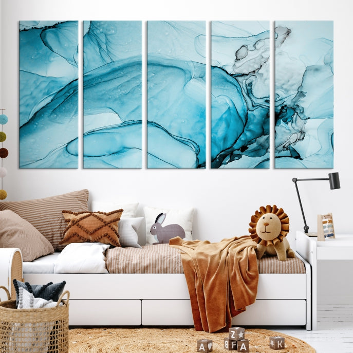 Teal Blue Ice Cracking Marble Large Wall Art Modern Abstract Canvas Print