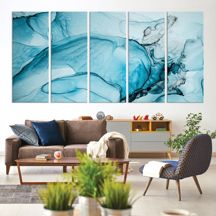 Teal Blue Ice Cracking Marble Large Wall Art Modern Abstract Canvas Print