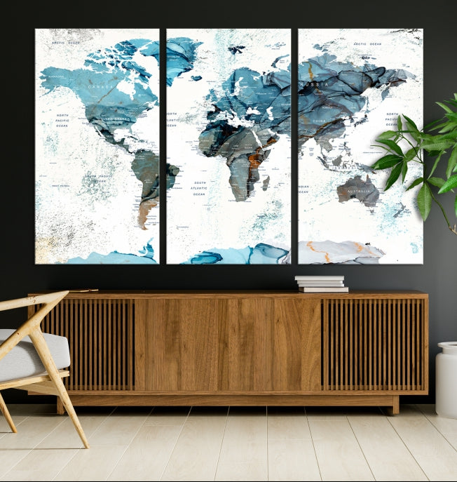 Teal Blue World Map Extra Large Wall Art Canvas Print