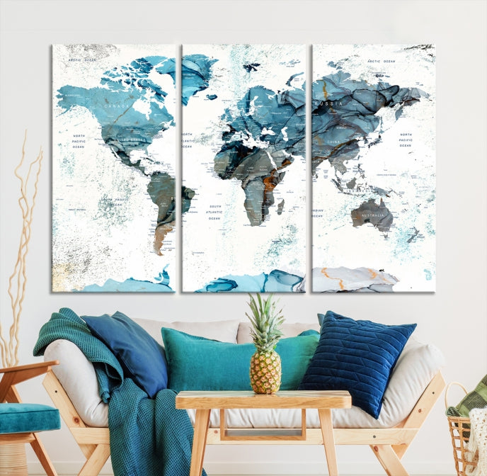 Teal Blue World Map Extra Large Wall Art Canvas Print