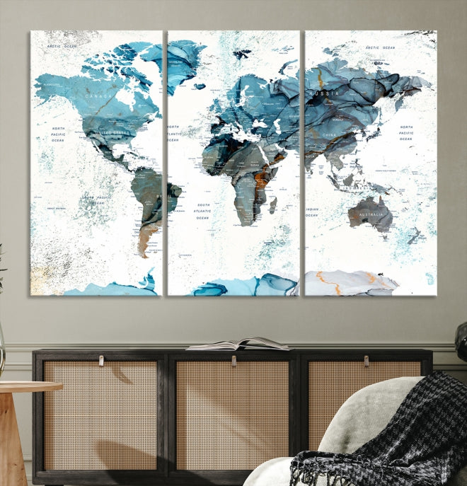 Teal Blue World Map Extra Large Wall Art Canvas Print