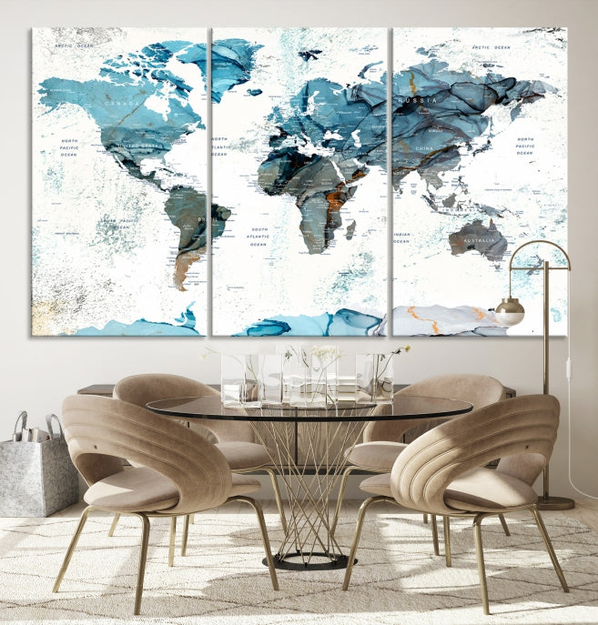 Teal Blue World Map Extra Large Wall Art Canvas Print