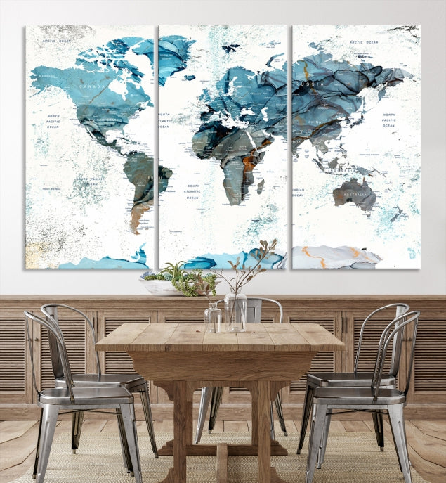 Teal Blue World Map Extra Large Wall Art Canvas Print