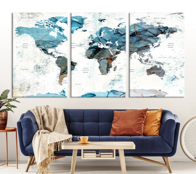 Teal Blue World Map Extra Large Wall Art Canvas Print