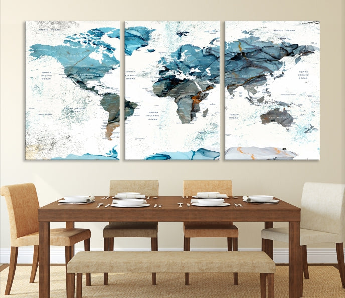 Teal Blue World Map Extra Large Wall Art Canvas Print