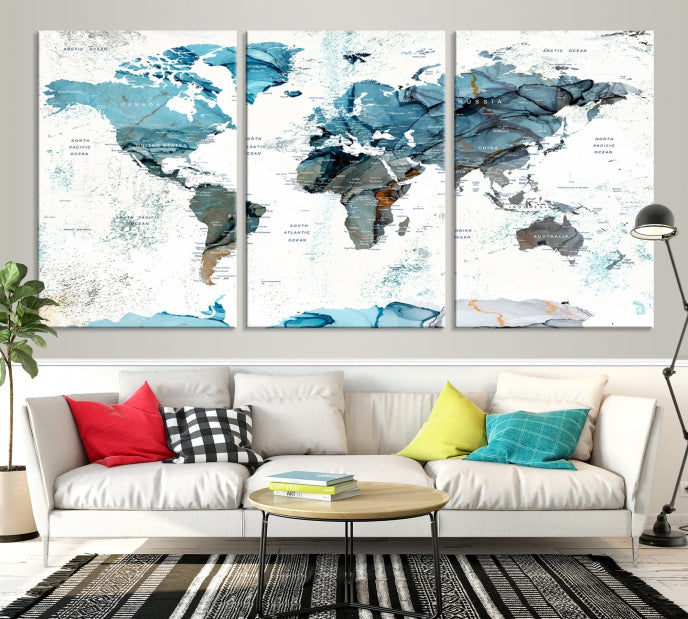 Teal Blue World Map Extra Large Wall Art Canvas Print