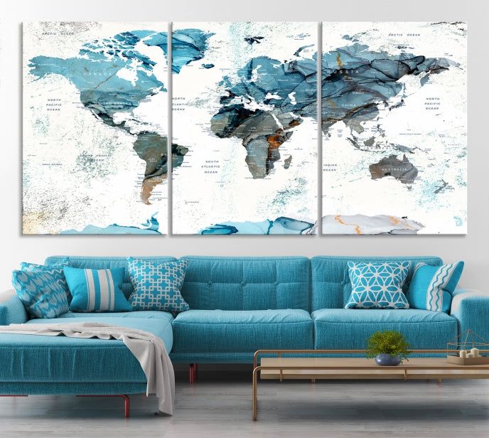 Teal Blue World Map Extra Large Wall Art Canvas Print