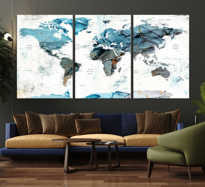 Teal Blue World Map Extra Large Wall Art Canvas Print