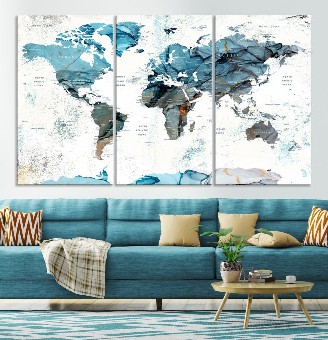 Teal Blue World Map Extra Large Wall Art Canvas Print