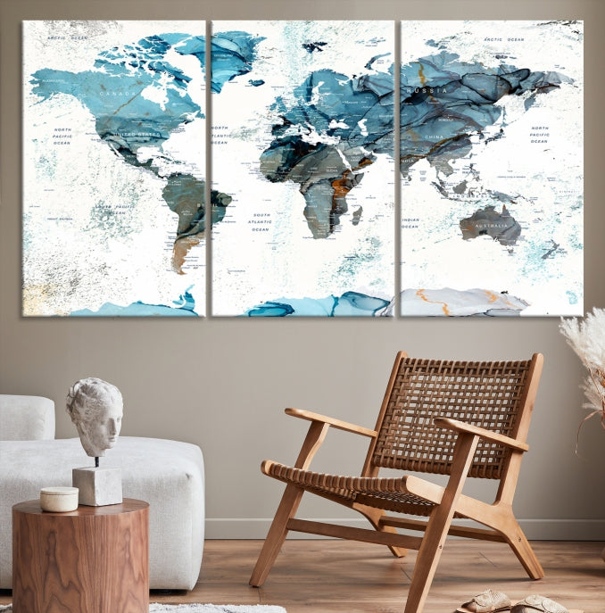 Teal Blue World Map Extra Large Wall Art Canvas Print