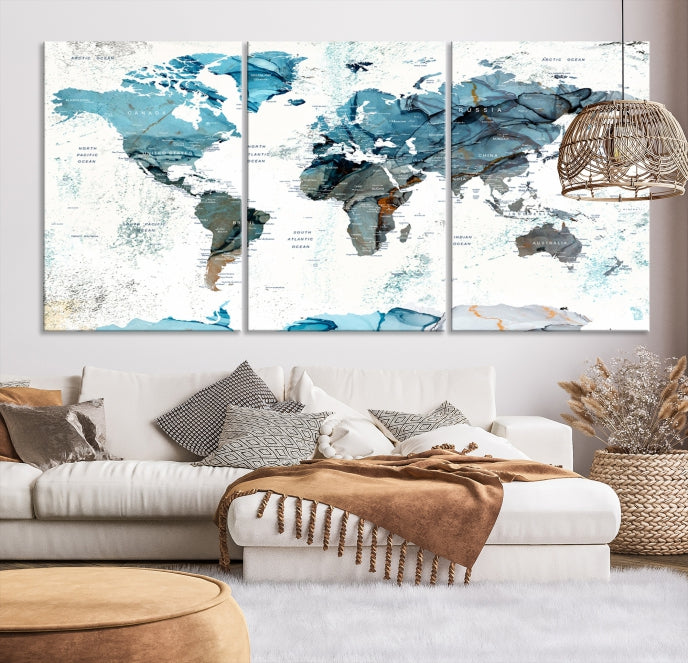 Teal Blue World Map Extra Large Wall Art Canvas Print