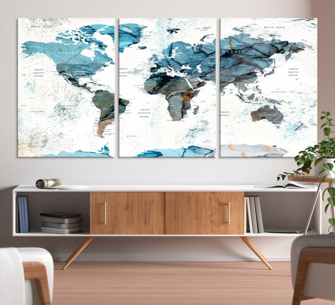 Teal Blue World Map Extra Large Wall Art Canvas Print