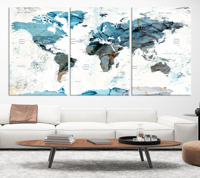 Teal Blue World Map Extra Large Wall Art Canvas Print