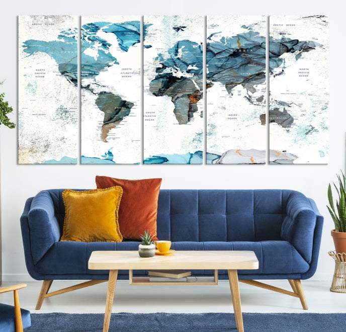 Teal Blue World Map Extra Large Wall Art Canvas Print