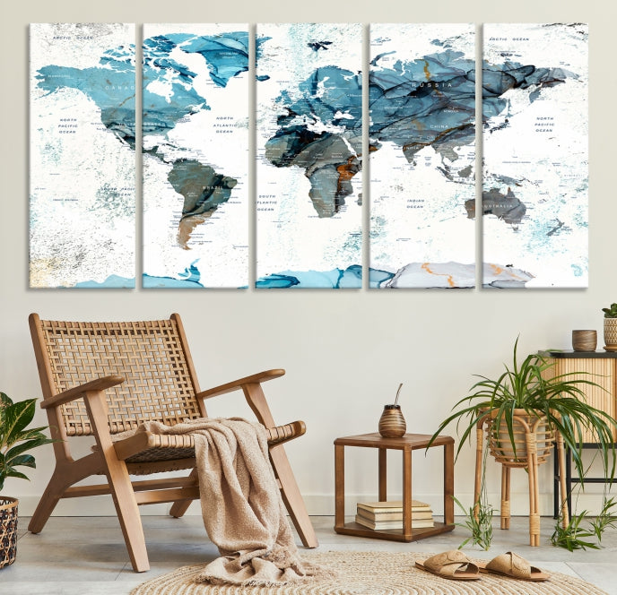 Teal Blue World Map Extra Large Wall Art Canvas Print