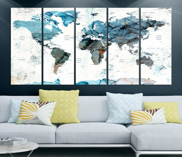 Teal Blue World Map Extra Large Wall Art Canvas Print