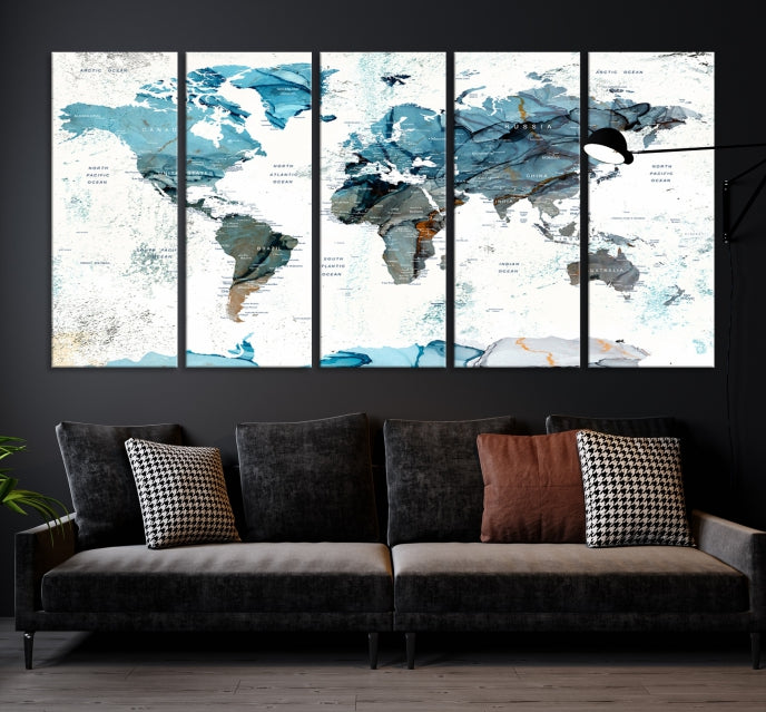 Teal Blue World Map Extra Large Wall Art Canvas Print