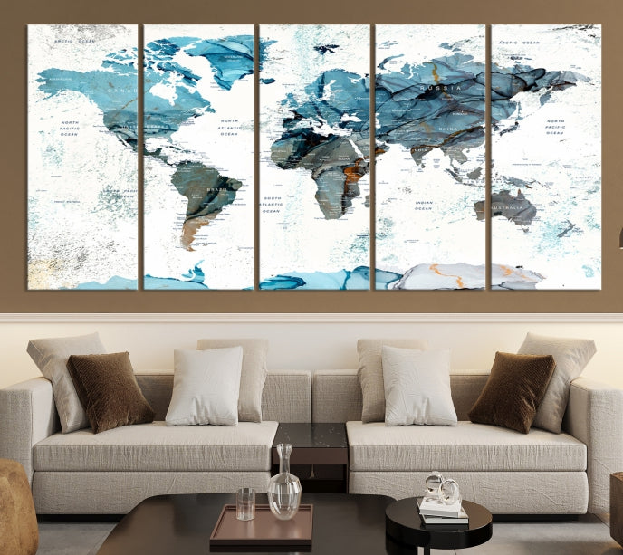 Teal Blue World Map Extra Large Wall Art Canvas Print