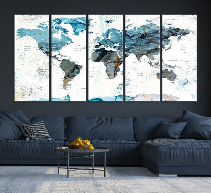 Teal Blue World Map Extra Large Wall Art Canvas Print