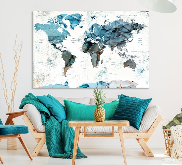 Teal Blue World Map Extra Large Wall Art Canvas Print