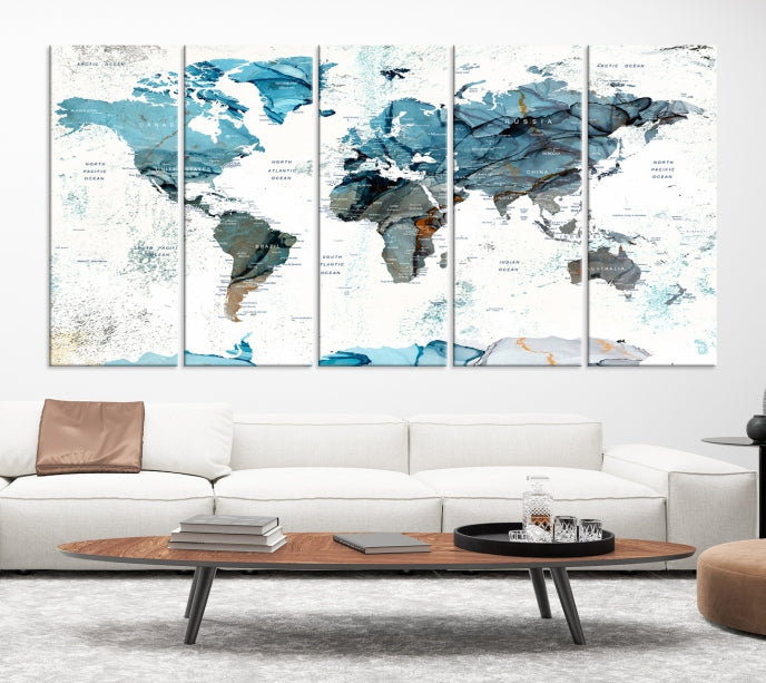 Teal Blue World Map Extra Large Wall Art Canvas Print