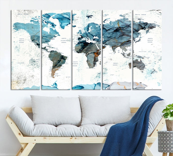 Teal Blue World Map Extra Large Wall Art Canvas Print