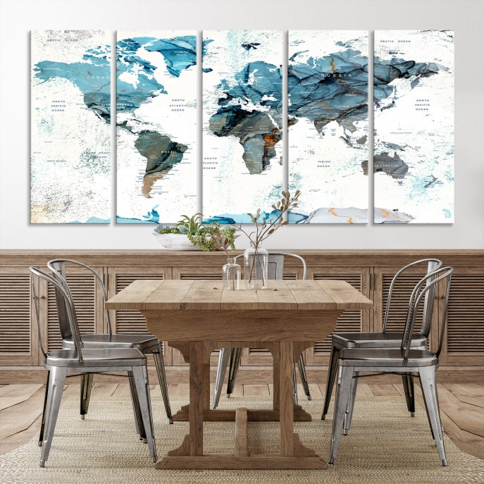 Teal Blue World Map Extra Large Wall Art Canvas Print