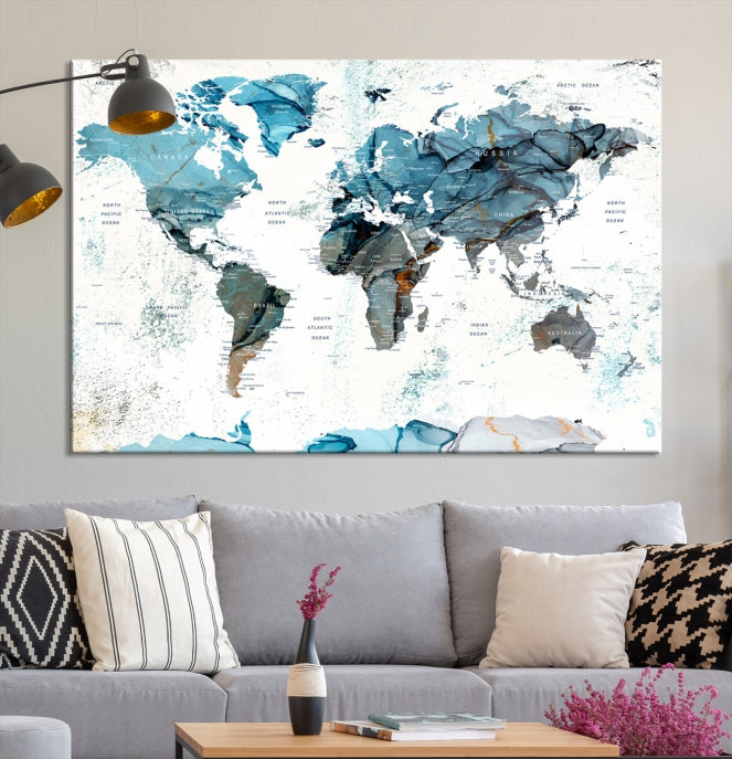 Teal Blue World Map Extra Large Wall Art Canvas Print