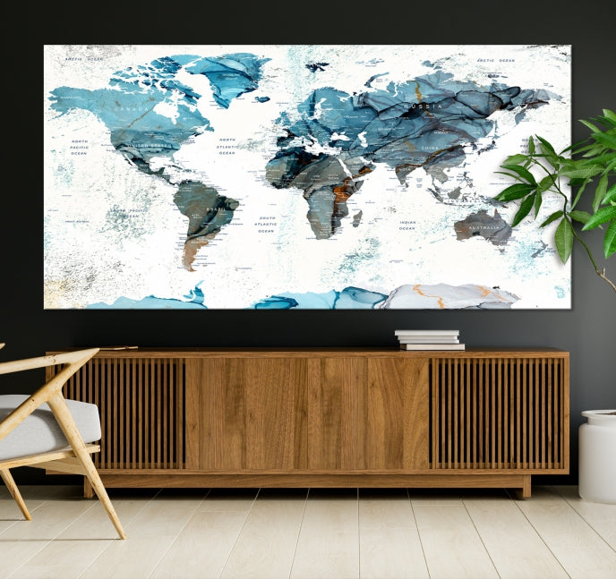 Teal Blue World Map Extra Large Wall Art Canvas Print