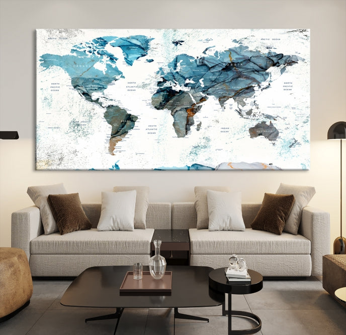 Teal Blue World Map Extra Large Wall Art Canvas Print