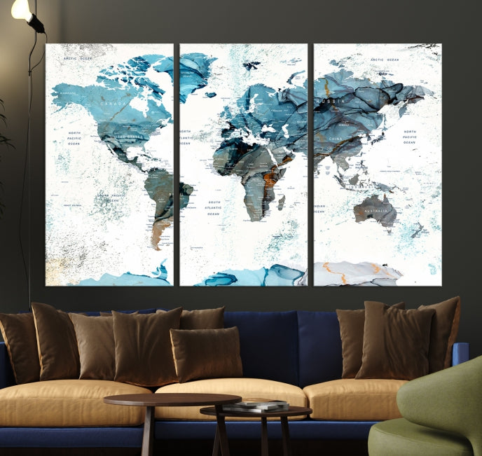 Teal Blue World Map Extra Large Wall Art Canvas Print