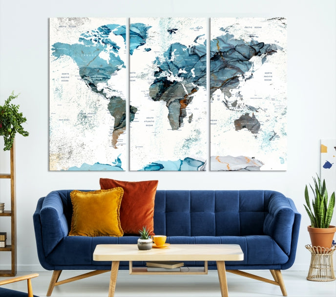 Teal Blue World Map Extra Large Wall Art Canvas Print