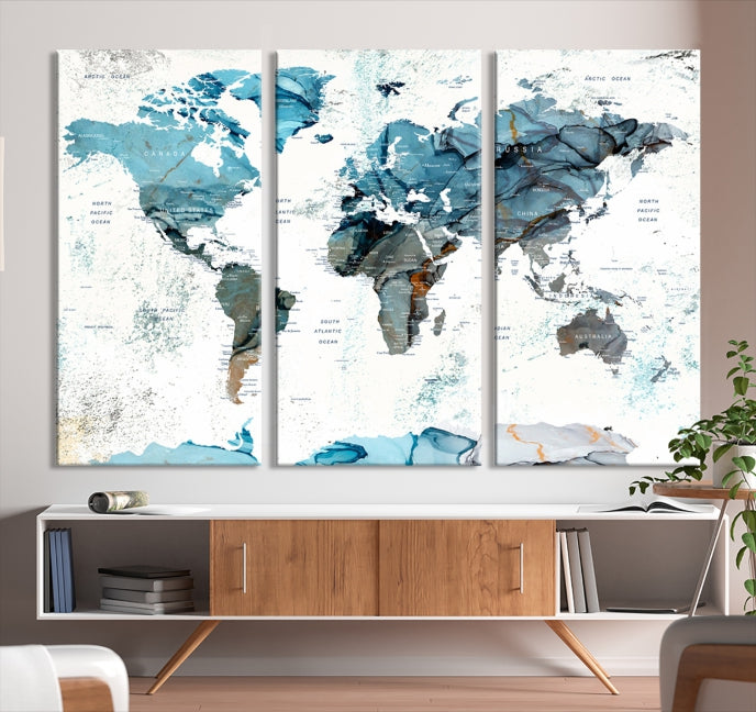 Teal Blue World Map Extra Large Wall Art Canvas Print