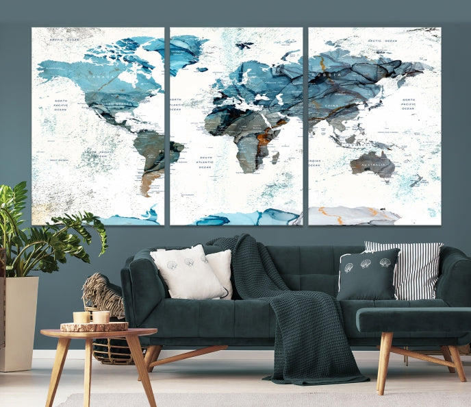 Teal Blue World Map Extra Large Wall Art Canvas Print