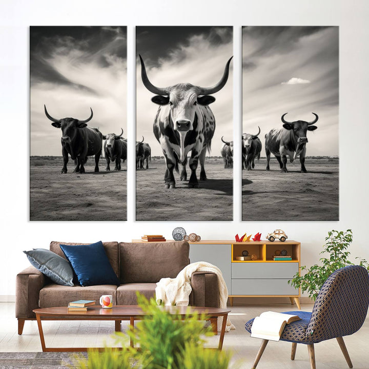 Texas Bighorn Cow Animal Wall Art Canvas Print, Longhorn Cow Large Wall Art