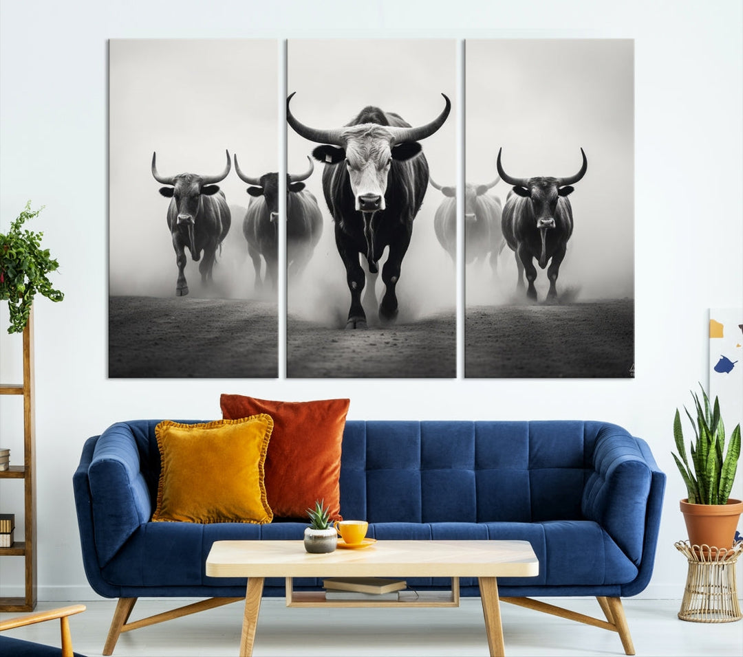 Texas Bighorn Cow Animal Wall Art Canvas Print, Longhorn Cow Large Wall Art