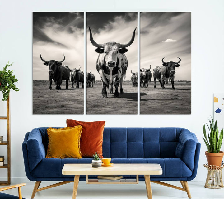 Texas Bighorn Cow Animal Wall Art Canvas Print, Longhorn Cow Large Wall Art